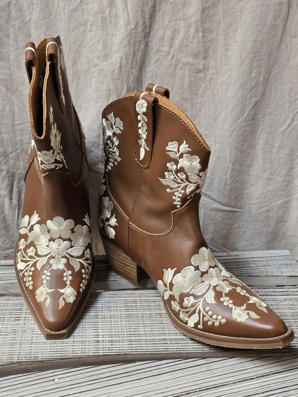 dingo Brown Ankle Booties with Cream Floral Embroidery